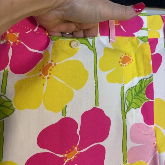 Lilly Pulitzer Floral Print Stretch Pants Size 10 Pink Yellow Cotton Blend - Picture 4 of 14